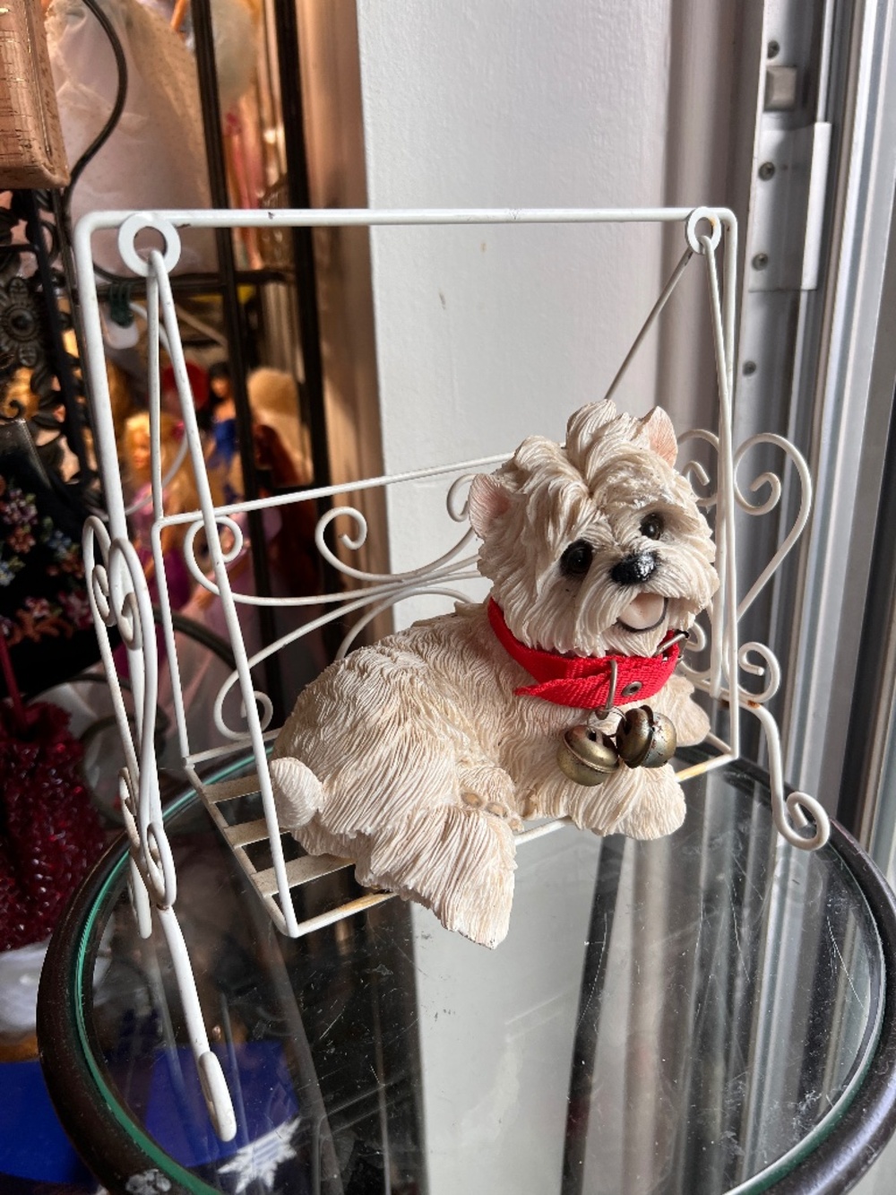 West Highland White Terrier figurine sitting on a miniature wire swing-adorable!